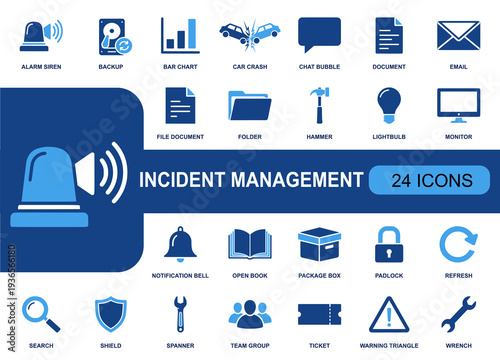 Incident management icon set. Containing alert siren, outage, ticket, recovery, backup, monitoring, security, chat, tools, refresh, warning, and more. Solid vector icons collection.