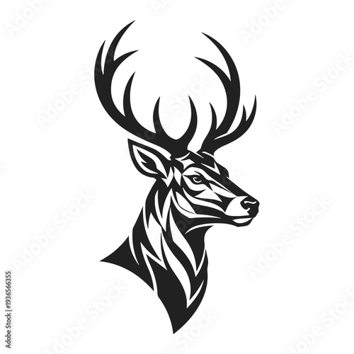 Modern deer head in geometric style. Elegant stag silhouette, horned buck logo. Minimalist black and white vector art for nature branding. Deer head, geometric style, stag silhouette, horned buck