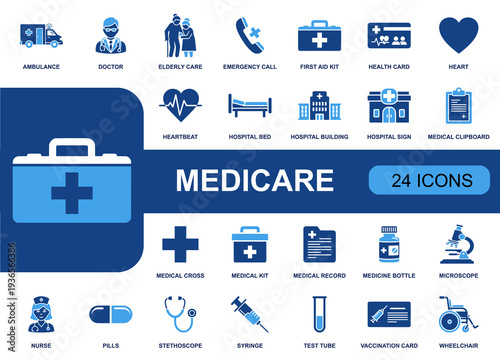 Medicare icon set. Containing ambulance, doctor, elderly care, emergency call, first aid, health card, heart, hospital, medical record, pills, syringe, vaccine and more. Solid vector icons.
