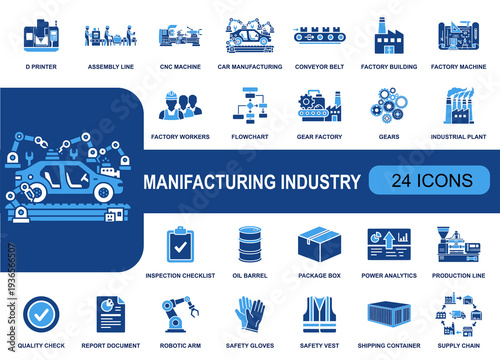 Manufacturing industry icon set. Containing 3D printer, assembly line, CNC machine, conveyor belt, factory, robotics, safety gear, quality check, supply chain and more. Solid vector icons.