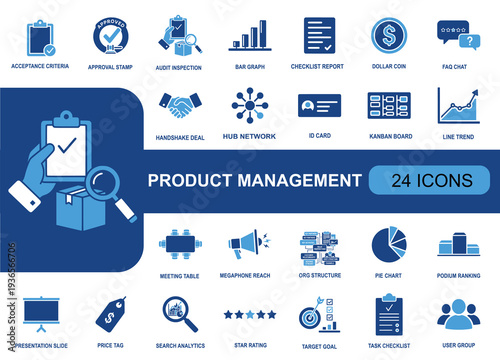 Product management icon set. Containing acceptance checklist, approval stamp, audit report, kanban board, analytics, pricing, rating, goals and more. Solid fill vector icons collection.