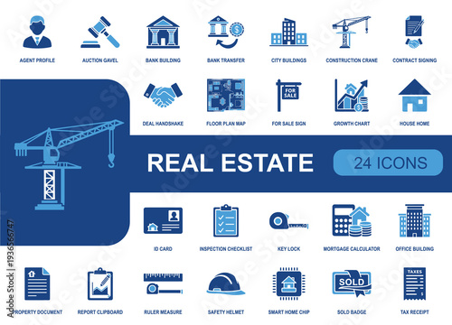Real estate icon set. Containing agent profile, auction gavel, bank, mortgage calculator, floor plan, construction crane, for sale sign, sold badge, property tax, inspection and more. Solid fill vecto