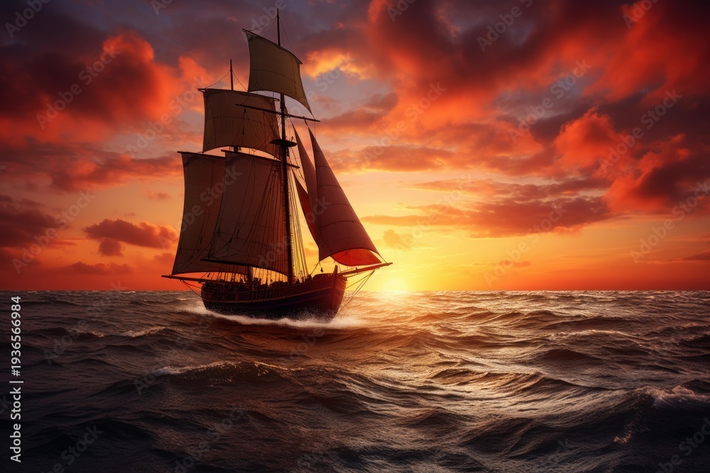 Fototapeta premium Tall ship sails on rough ocean water with beautiful red clouds and setting sun