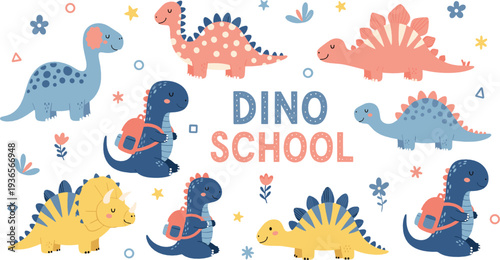 Dino school illustration set – cute dinosaurs with backpacks for kids
