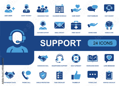 Support icon set. Containing customer service, headset, chat, email, calendar, assistance, first aid, lifebuoy, handshake, checklist, thumbs up and more. Solid fill vector icons collection.