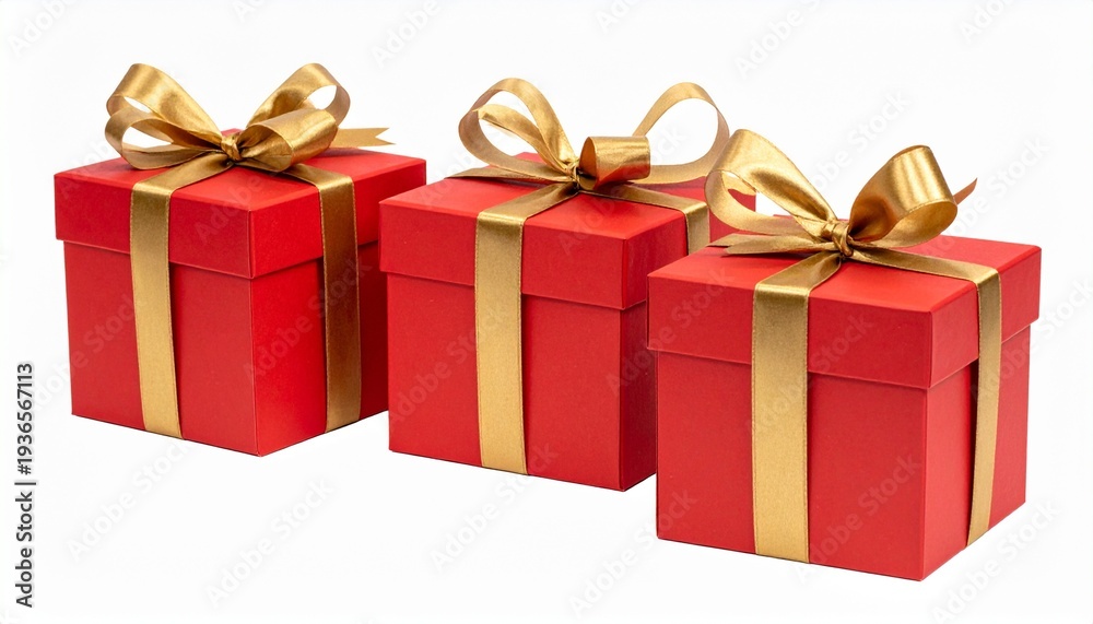 Fototapeta premium Three Red Gift Boxes with Gold Ribbons Perfect for Christmas and Holiday Celebrations Ideal for Gift Giving and Presents.