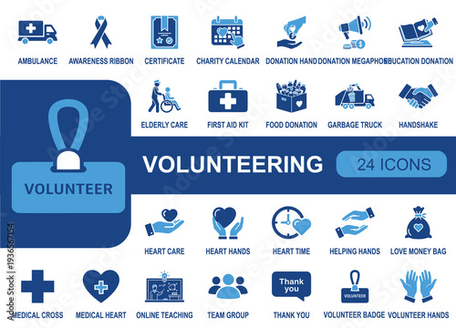Volunteering icon set. Containing charity, donation, helping hands, medical cross, first aid, ambulance, food donation, elder care, thank you and more. Solid fill vector icons collection.