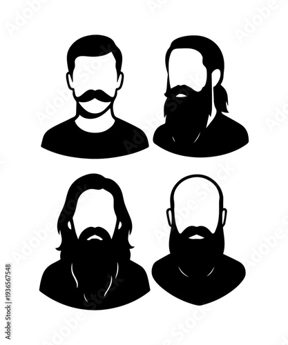 Men silhouette set with beard and long hair