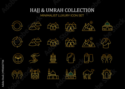 Minimalist gold Hajj and Umrah icon set for Islamic pilgrimage rituals. Ideal for travel agency flyers, religious apps, and spiritual social media content.