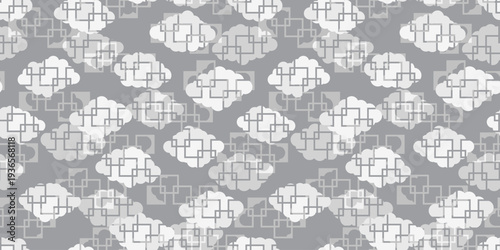 雲と四角のアジア風幾何学模様パターン　背景素材