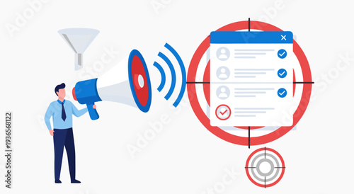 Business marketing vector illustration with megaphone and target audience list for lead generation and customer acquisition