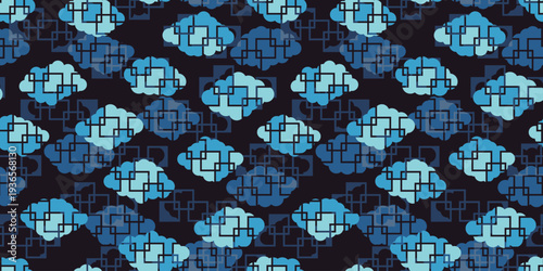 雲と四角のアジア風幾何学模様パターン　背景素材