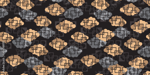 雲と四角のアジア風幾何学模様パターン　背景素材