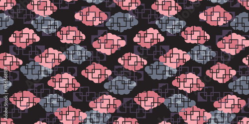 雲と四角のアジア風幾何学模様パターン　背景素材