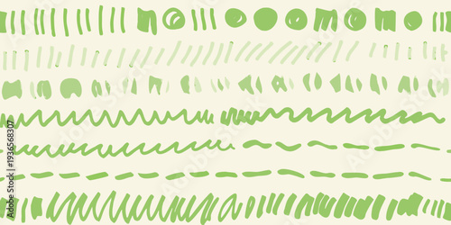 Abstract green patterns and doodles covering a pale yellow background