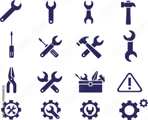 Vector art of collection of various blue tool icons on for repair and maintenance