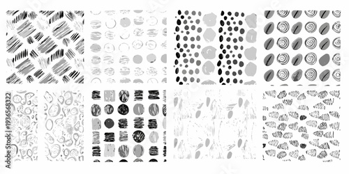 Abstract grayscale patterns brushstrokes circles dots and swirling lines