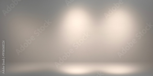 Minimalist empty white studio background featuring three soft warm overhead spotlights. This clean professional stage is ideal for product mockups digital art and gallery presentations
