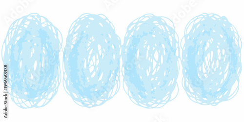 Four pale blue roughly oval shapes arranged in a horizontal row