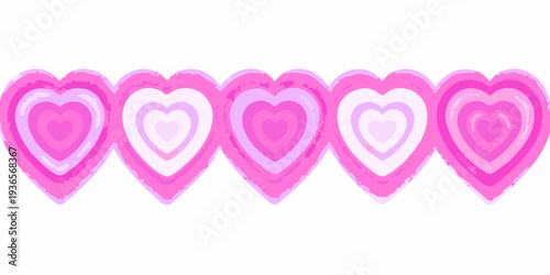 A row of nested pink hearts with layered concentric shapes