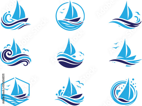 Vector art of set of sailboat logos and icons in various shades of blue