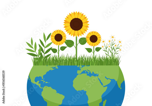 Eco-friendly vector illustration of sunflowers and green plants growing on planet Earth, symbolizing environmental care and growth
