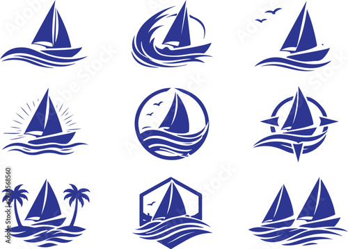 Vector art of collection of sailboat and yacht icons in blue color
