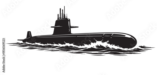 Military Submarine in Ocean Waves – Naval Warship Vector Silhouette