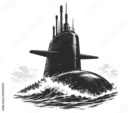 Фотография Military Submarine in Ocean Waves – Naval Warship Vector Silhouette