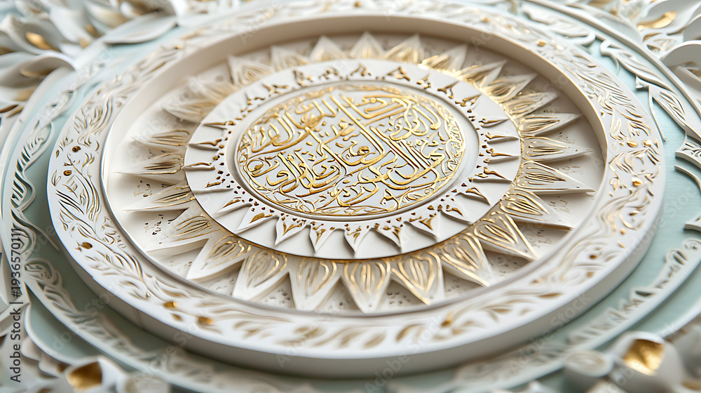 Obraz premium Ornate ceremonial plate with intricate designs and calligraphy displayed on a decorative surface 
