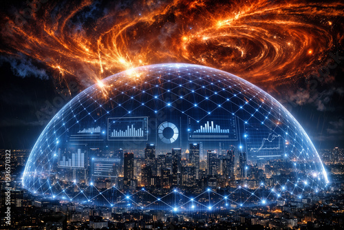 Digital Shield over illuminated global metropolis repelling cosmic storm with holographic insurance dashboards for grid resilience and catastrophe risk protection