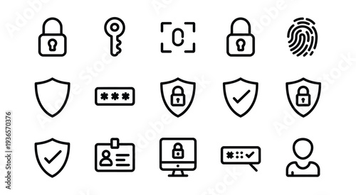 Collection of security icons, displaying digital protection, cybersecurity, encryption, password authentication, shield, lock, and data privacy concepts isolated on white background