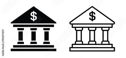 Bank building icon, set with finance institution and courthouse symbols, money investment outline and solid vector illustrations for business and financial design isolated on white background