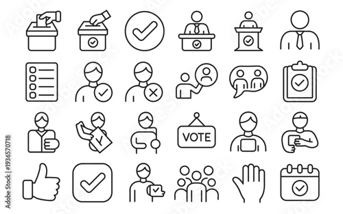 Collection of voting icons, representing civic engagement and elections including ballot box, check mark, voter ID, hand voting, and polling station symbols isolated on white background