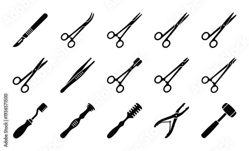 Surgical instruments clip clamp scissor vector set collection equipment for operation with blade needle