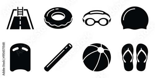 Swimming pool and accessories for recreational swim water sport in summer icon collection vector