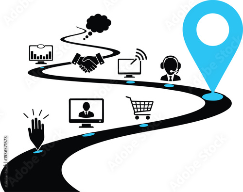 Photography Illustration of a winding road with people icons leading to a blue location pin