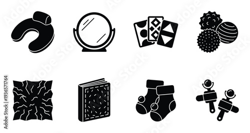 Toys for babies vector illustration baby care mirror socks rattle blanket cards balls design