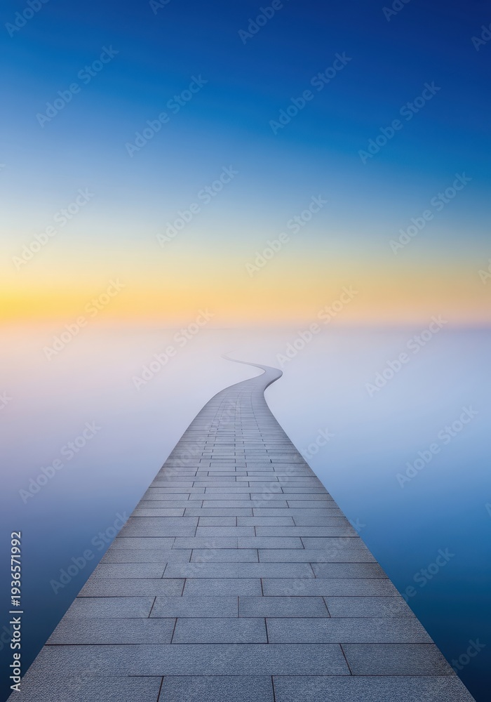 Obraz premium A winding, straight path disappearing into a misty, distant horizon, symbolizing a long, endless journey, vast opportunity, and limitless future possibilities, looping, haze, path