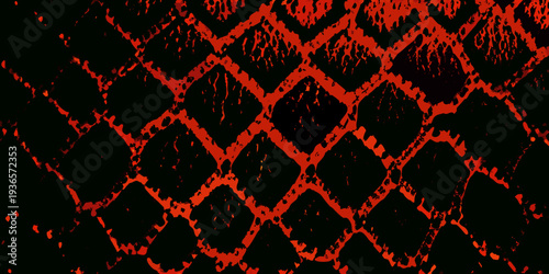 A striking red and black patterned background resembling chain link fencing