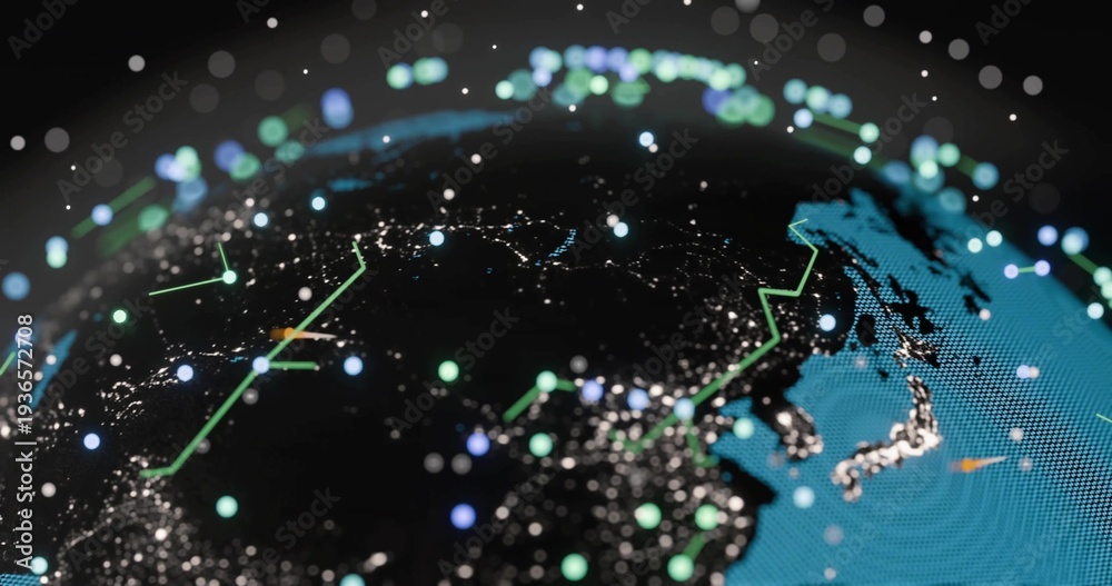 Naklejka premium Displaying digital globe rotating in dark void, showing city lights, neon lines, nodes, cyan mesh