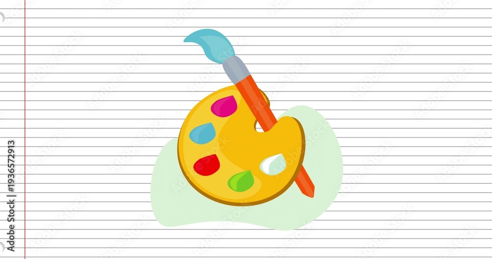Obraz premium Resting yellow artist palette with orange-handled brush on wide-ruled paper, with five paint dabs