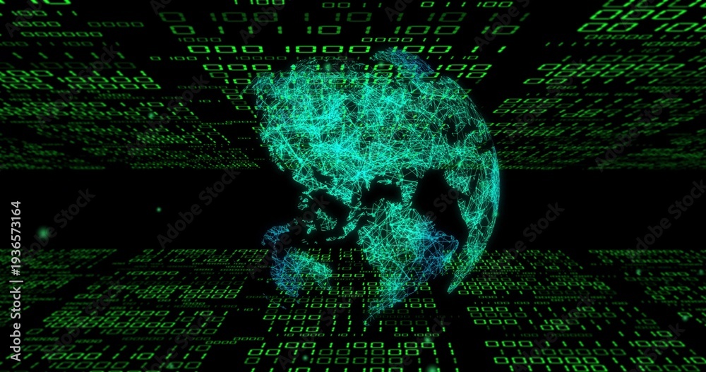 Fototapeta premium Rotating turquoise wireframe globe emitting cyan glow in cyberspace, with green binary grid