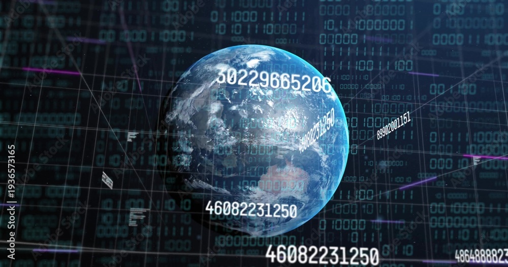 Fototapeta premium Rotating 3D globe showing clouded continents in data grid, overlaying numeric IDs, binary, neon