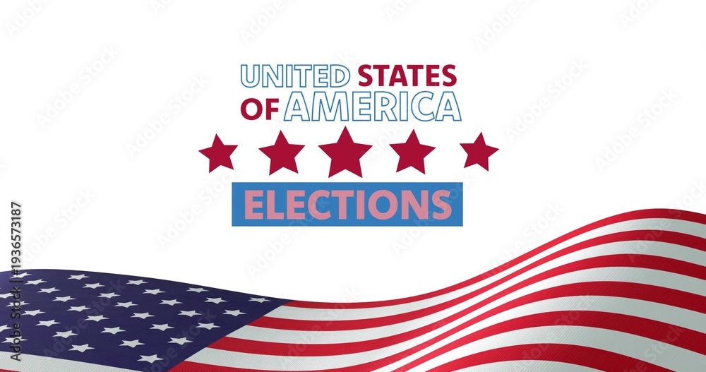 Fototapeta premium Displaying waving United States flag with five red stars and ELECTIONS label on plain white poster