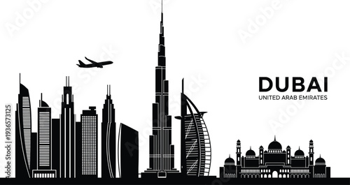 Dubai Skyline Silhouette with Burj Khalifa and Airplane Flying Overhead United Arab Emirates