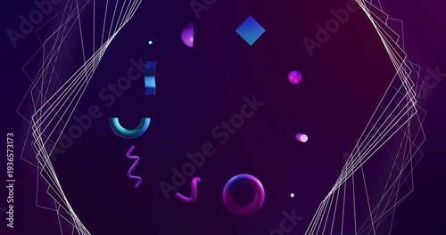 Floating neon cluster drifting in deep violet gradient, with magenta torus and wireframe edges