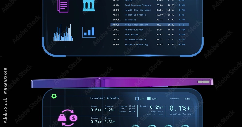 Fototapeta premium Floating purple smartphone resting amid hologram panels in studio, showing financial charts, icons
