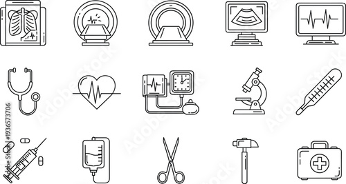 Medical Healthcare Line Icon Set Featuring Professional Diagnostic Equipment Hospital Tools Surgery Symbols Medicine Icons and Clinical Health Care Vector Elements