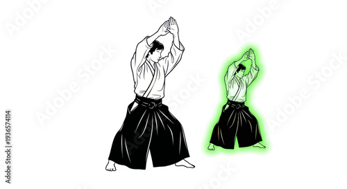 Martial Artist in Aikido Pose with Glowing Energy